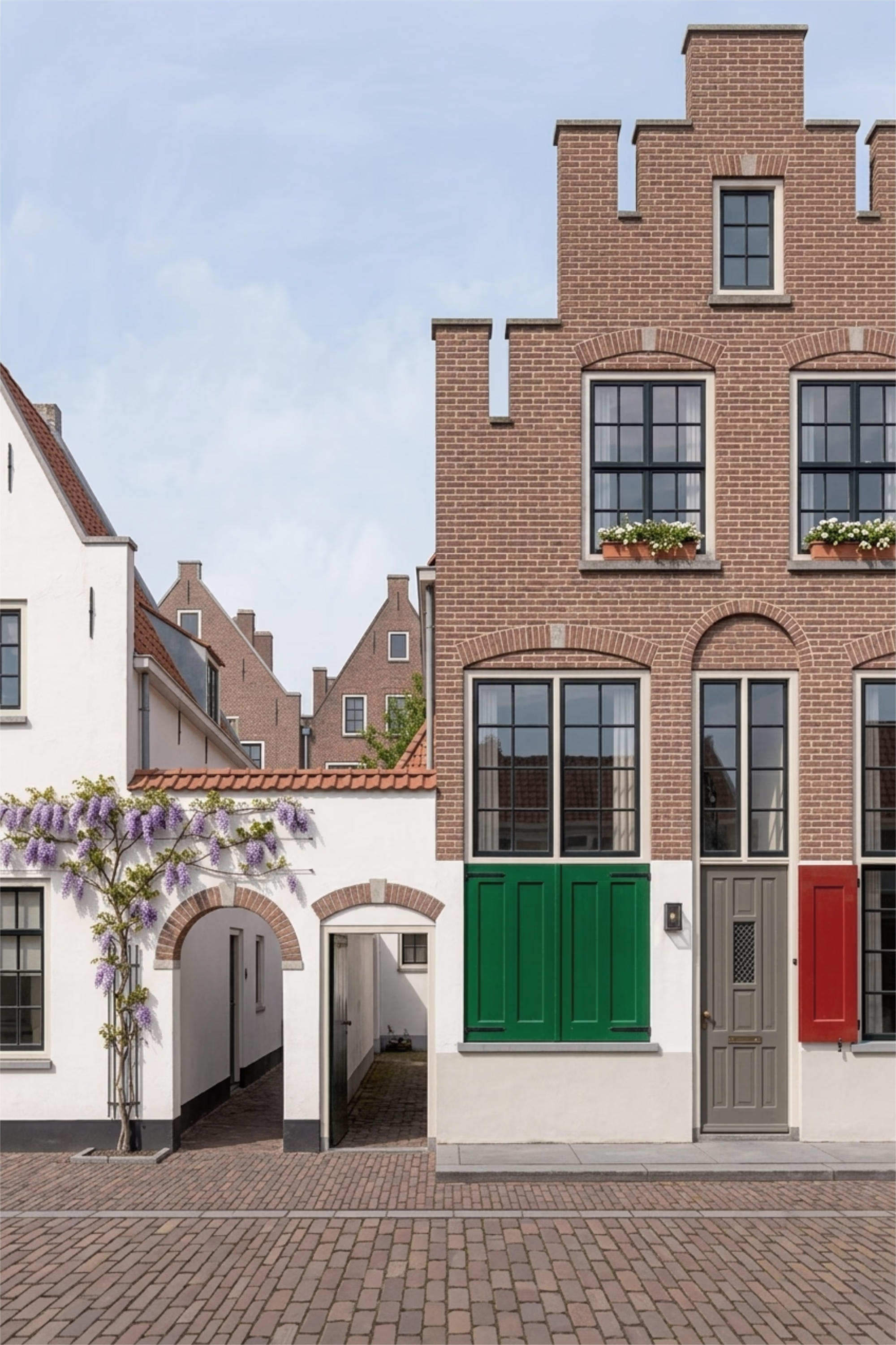 42 Vlamingstraat exterior visualisation, Delft, a brick stepped-gable townhouse with green shutters and a red door on a cobbled street, wisteria climbing a white archway